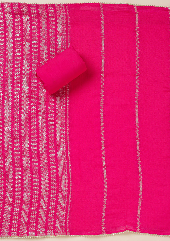 Rani Pink Dola Silk Gold Zariwork Unstitched Dress Material With Matching Bottom And Dupatta