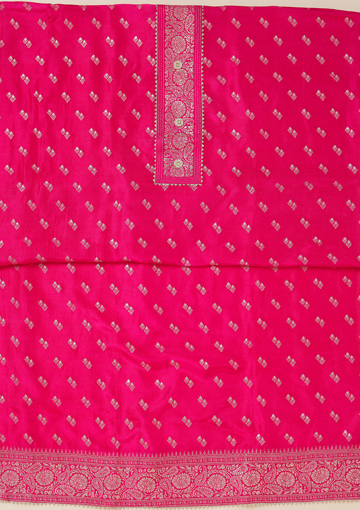 Rani Pink Dola Silk Gold Zariwork Unstitched Dress Material With Matching Bottom And Dupatta