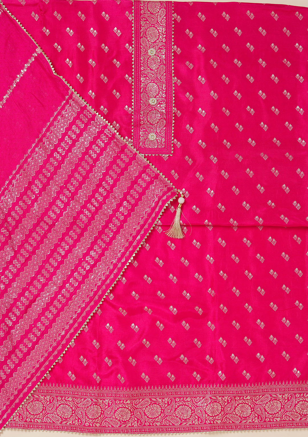 Rani Pink Dola Silk Gold Zariwork Unstitched Dress Material With Matching Bottom And Dupatta