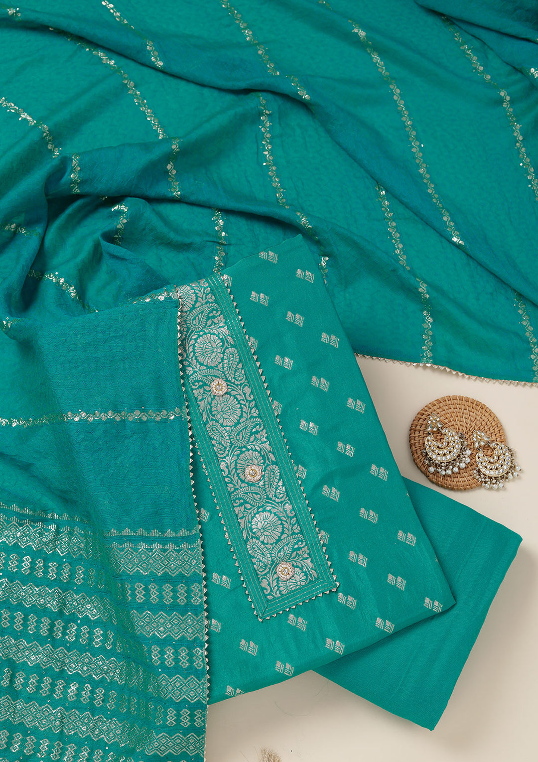 Sea Green Dola Silk Gold Zariwork Unstitched Dress Material With Matching Bottom And Dupatta