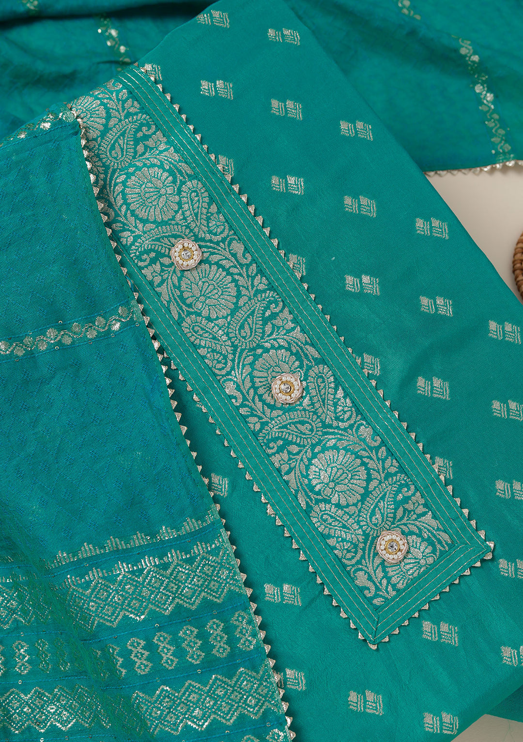 Sea Green Dola Silk Gold Zariwork Unstitched Dress Material With Matching Bottom And Dupatta