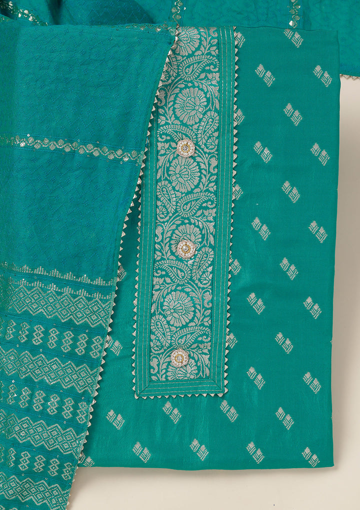 Sea Green Dola Silk Gold Zariwork Unstitched Dress Material With Matching Bottom And Dupatta