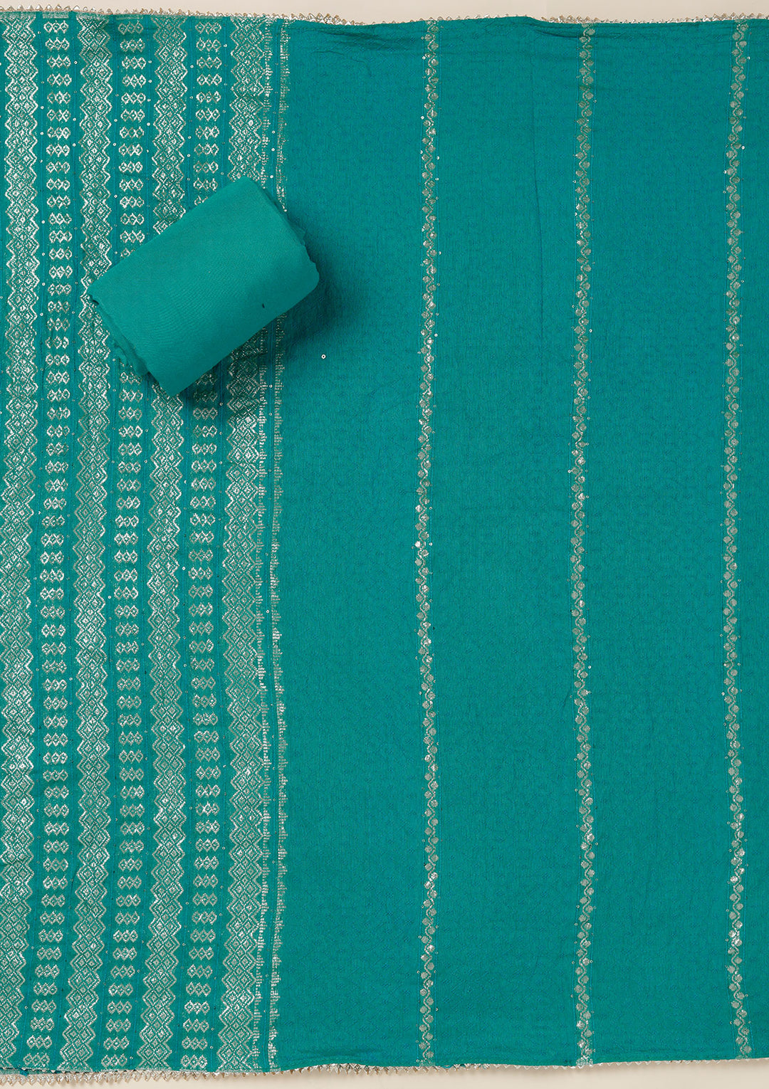 Sea Green Dola Silk Gold Zariwork Unstitched Dress Material With Matching Bottom And Dupatta