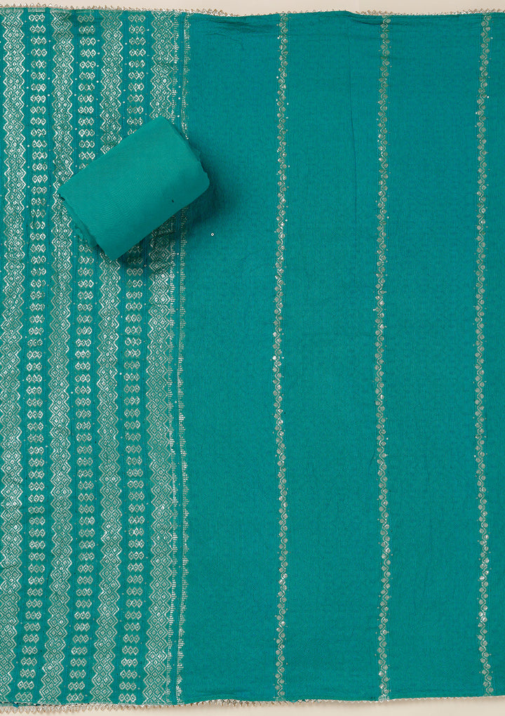 Sea Green Dola Silk Gold Zariwork Unstitched Dress Material With Matching Bottom And Dupatta