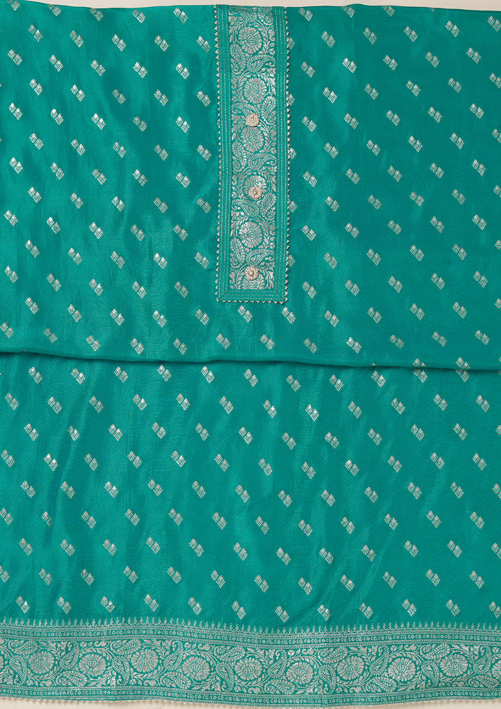 Sea Green Dola Silk Gold Zariwork Unstitched Dress Material With Matching Bottom And Dupatta