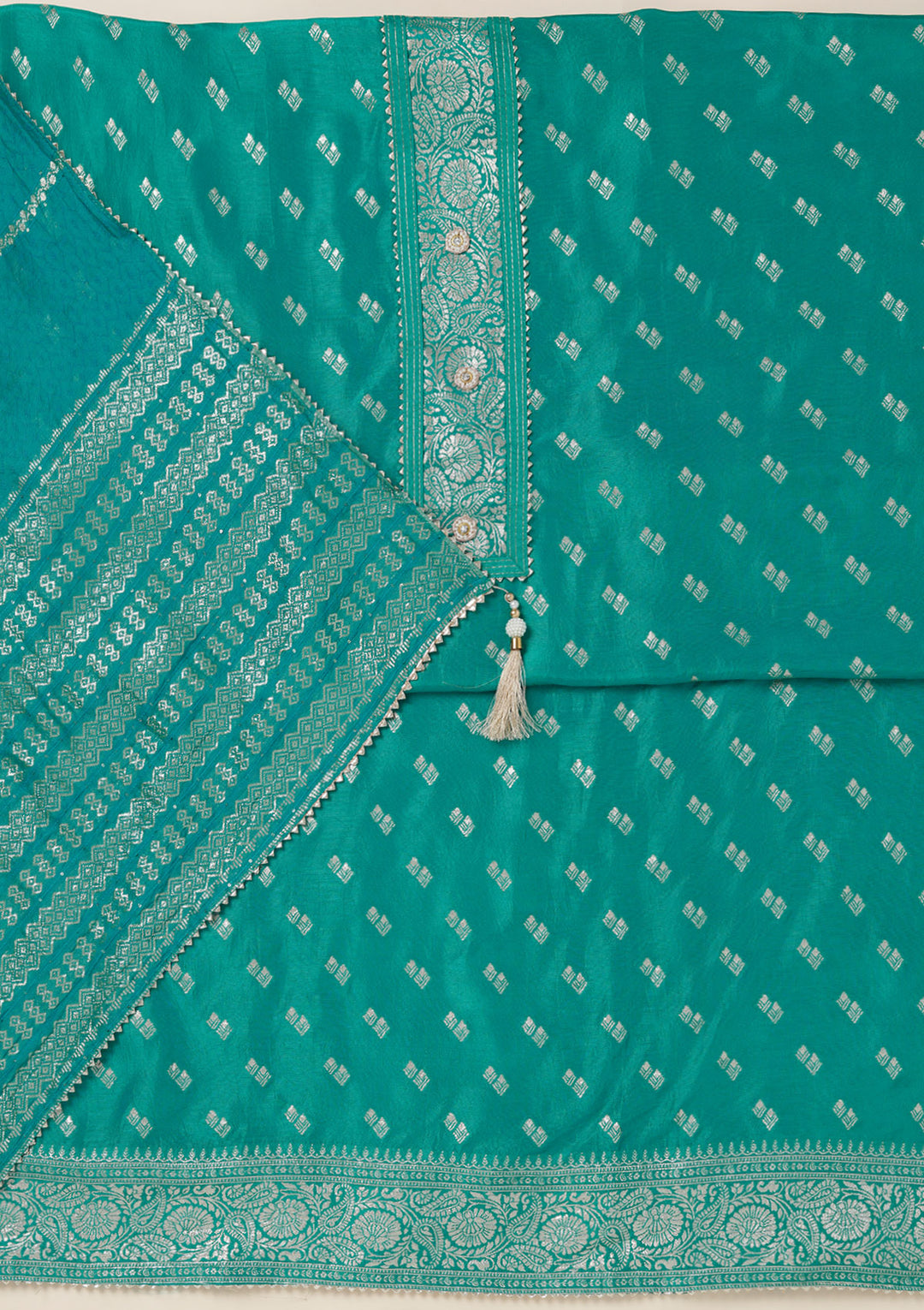 Sea Green Dola Silk Gold Zariwork Unstitched Dress Material With Matching Bottom And Dupatta
