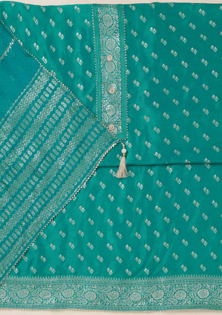 Sea Green Dola Silk Gold Zariwork Unstitched Dress Material With Matching Bottom And Dupatta