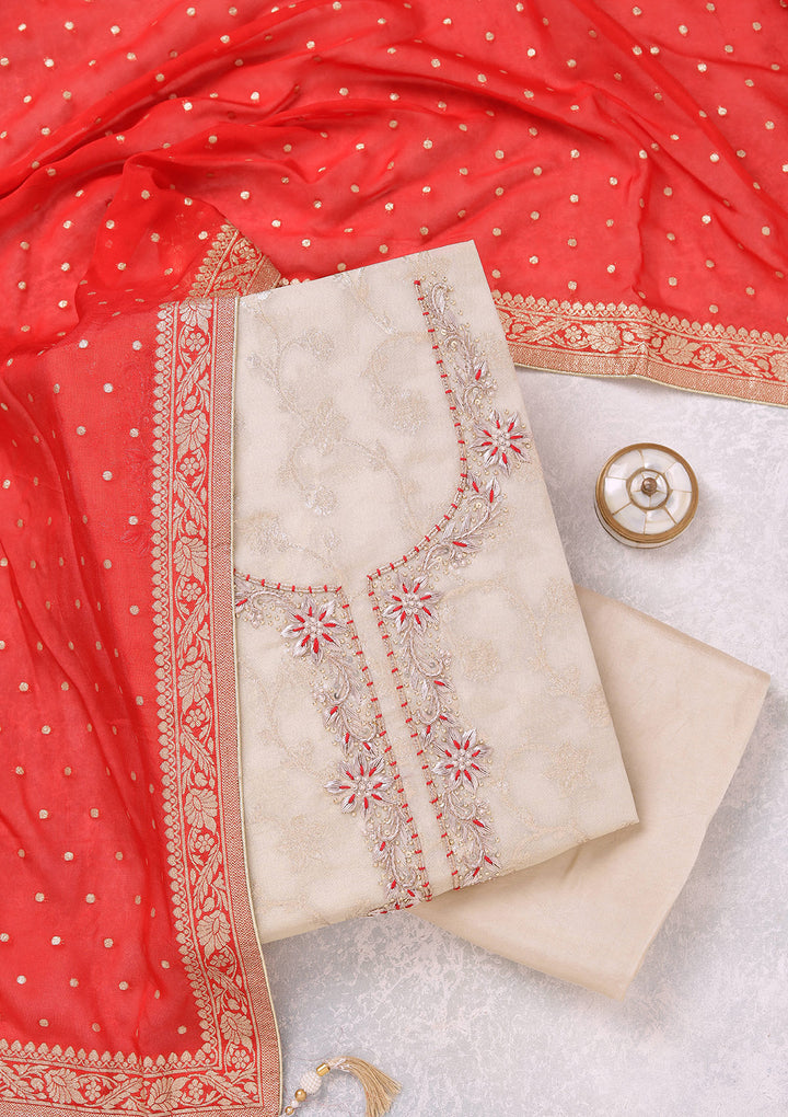 Beige Red Chanderi Gold Zardozi Work Unstitched Dress Material With Matching Bottom And Dupatta