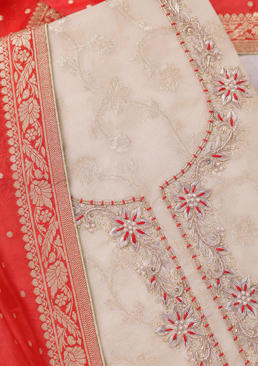 Beige Red Chanderi Gold Zardozi Work Unstitched Dress Material With Matching Bottom And Dupatta