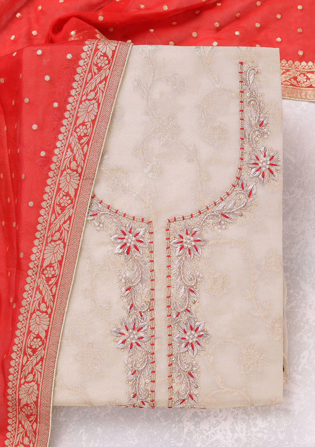 Beige Red Chanderi Gold Zardozi Work Unstitched Dress Material With Matching Bottom And Dupatta