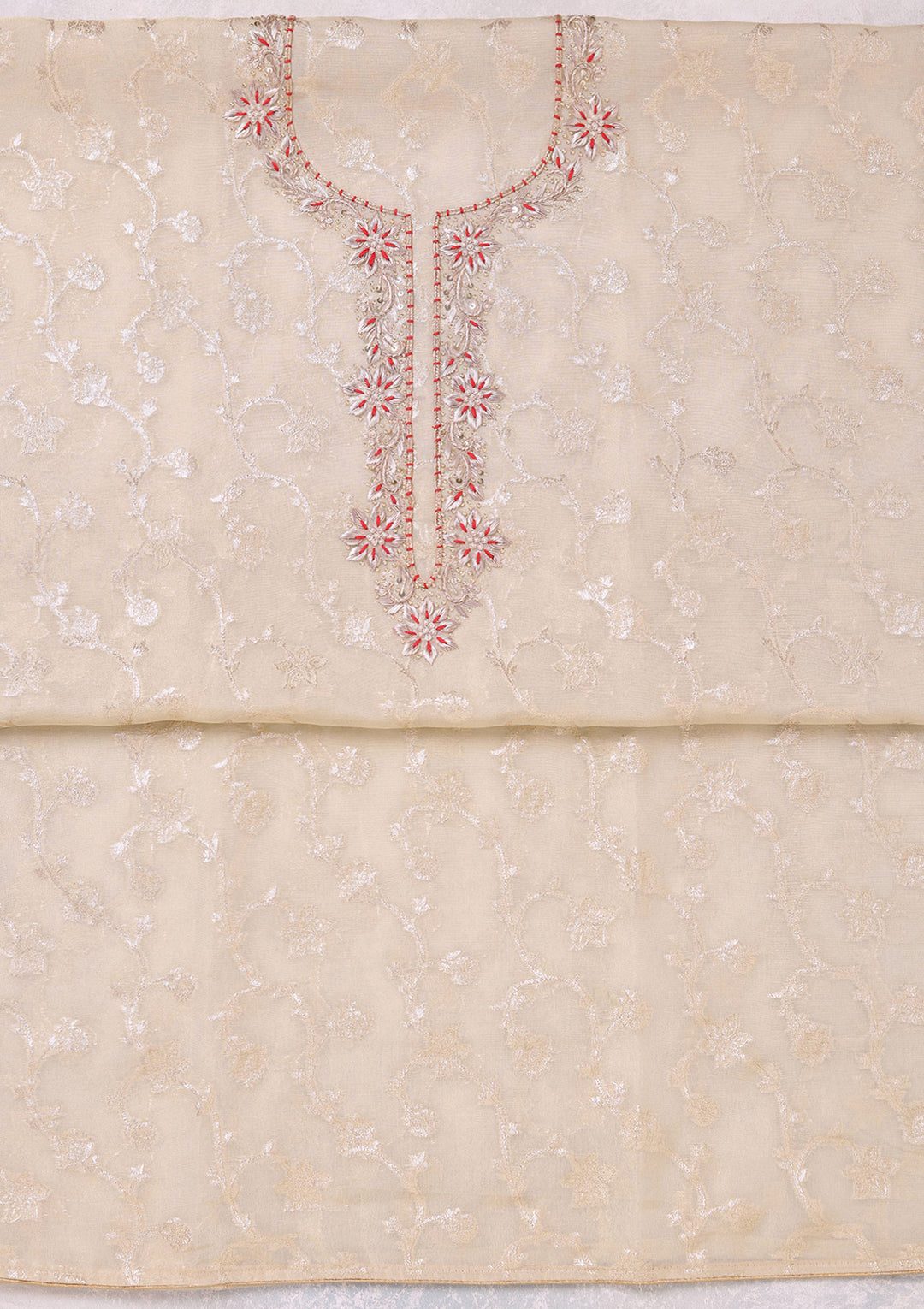 Beige Red Chanderi Gold Zardozi Work Unstitched Dress Material With Matching Bottom And Dupatta