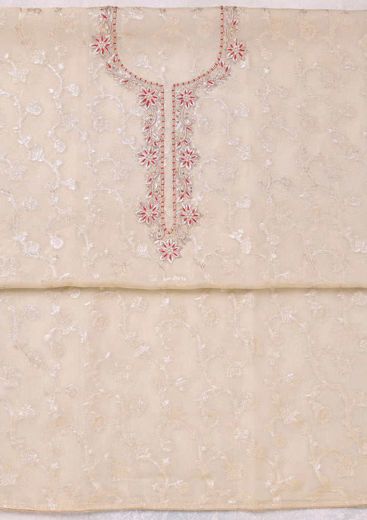 Beige Red Chanderi Gold Zardozi Work Unstitched Dress Material With Matching Bottom And Dupatta