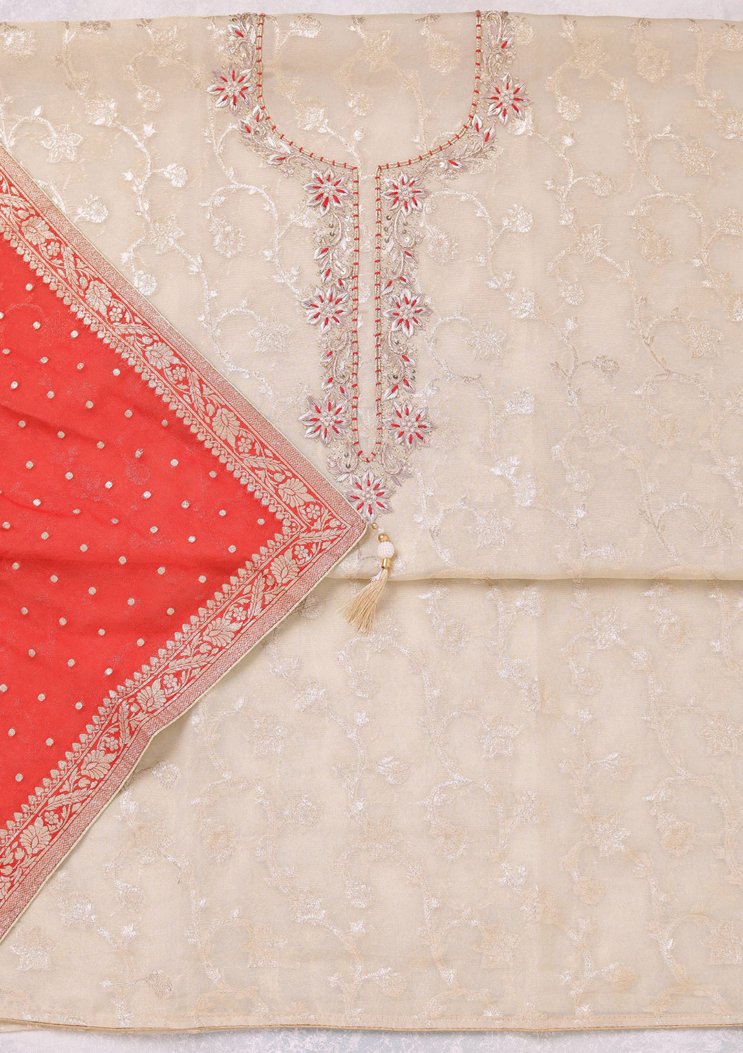 Beige Red Chanderi Gold Zardozi Work Unstitched Dress Material With Matching Bottom And Dupatta