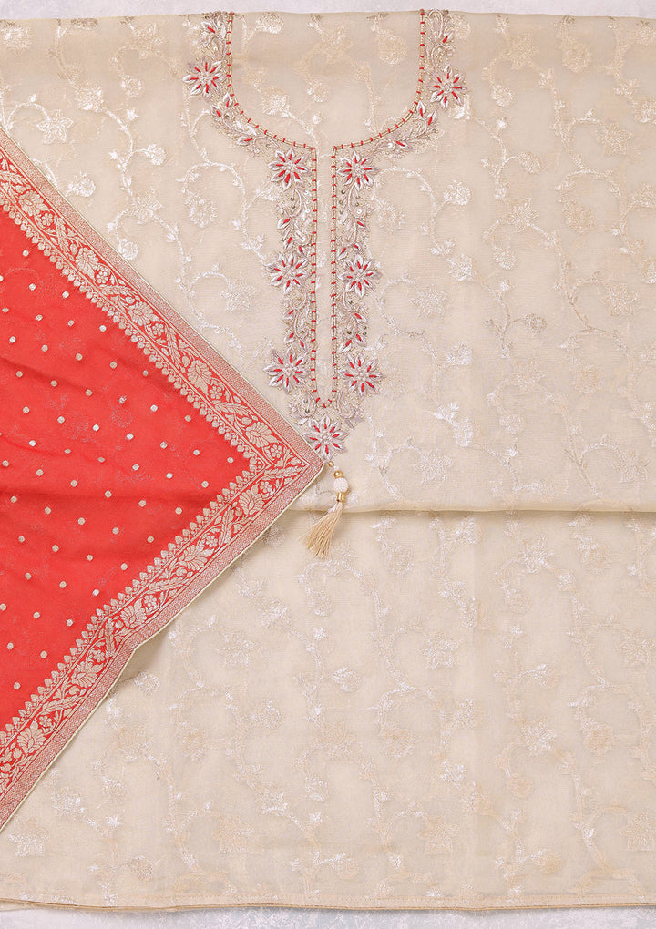 Beige Red Chanderi Gold Zardozi Work Unstitched Dress Material With Matching Bottom And Dupatta
