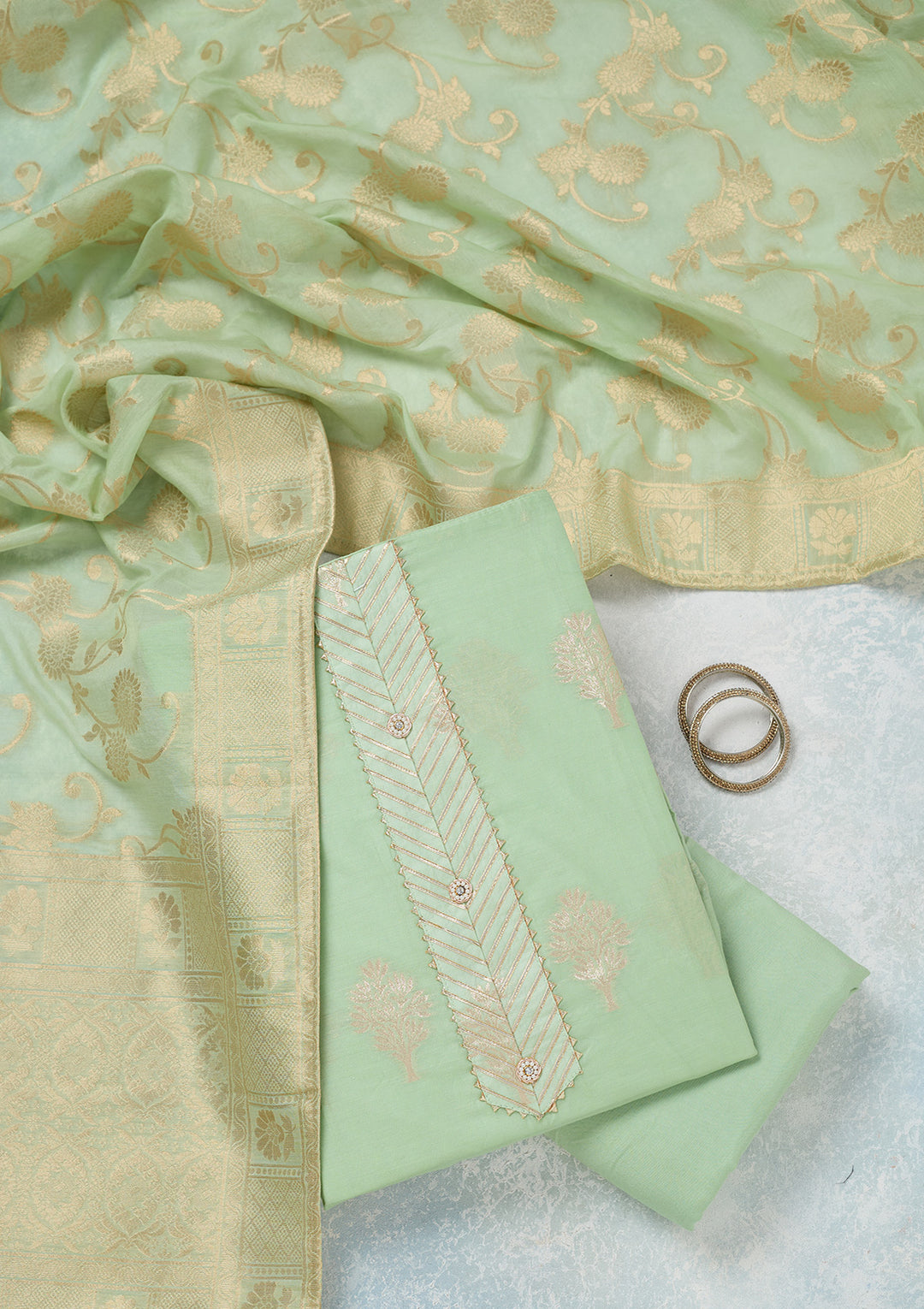 Pista Green Chanderi Gold Zariwork Unstitched Dress Material With Matching Bottom And Dupatta