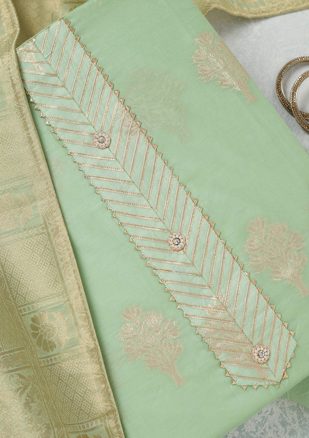 Pista Green Chanderi Gold Zariwork Unstitched Dress Material With Matching Bottom And Dupatta