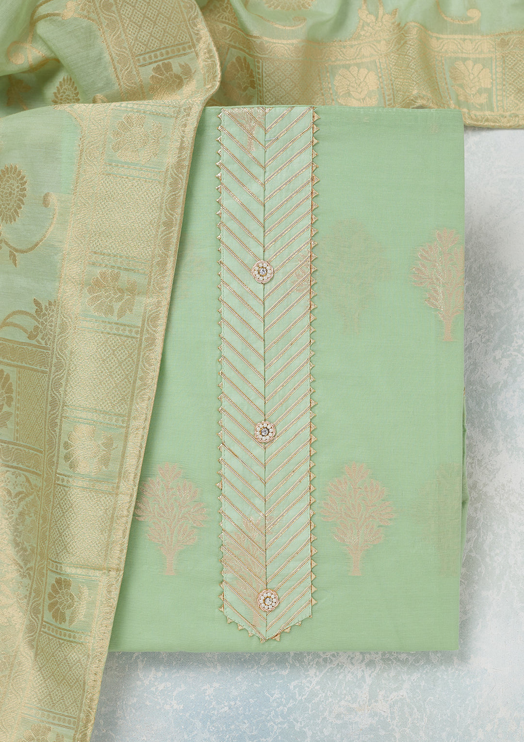 Pista Green Chanderi Gold Zariwork Unstitched Dress Material With Matching Bottom And Dupatta