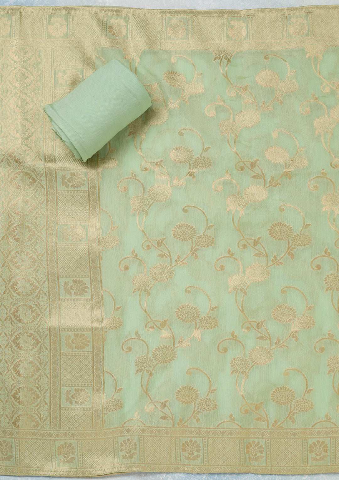Pista Green Chanderi Gold Zariwork Unstitched Dress Material With Matching Bottom And Dupatta