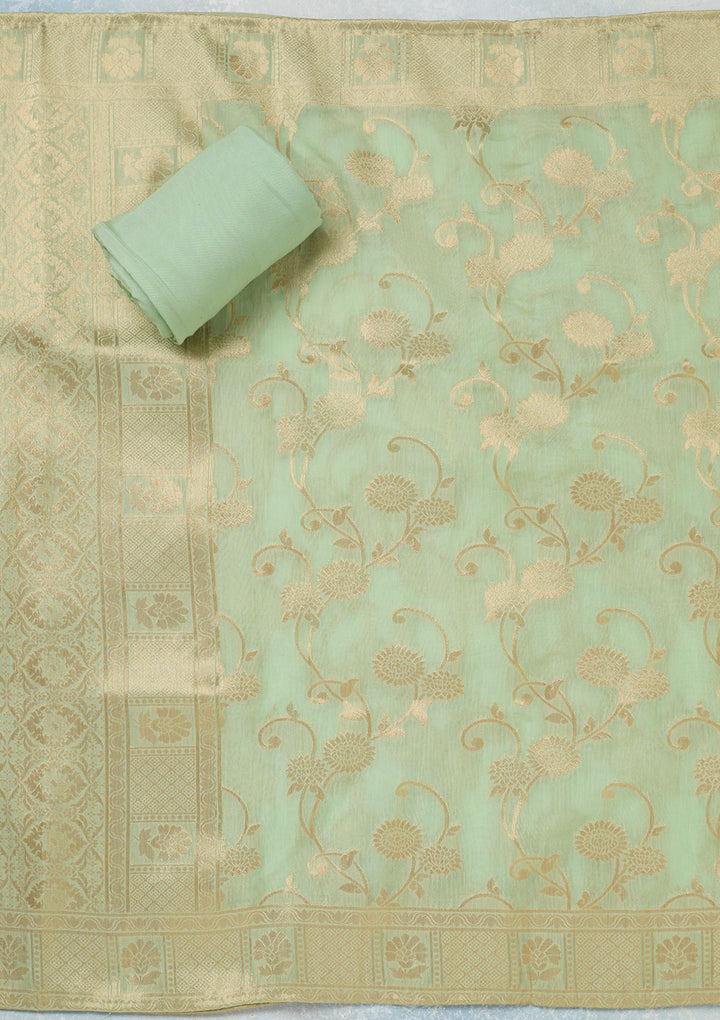 Pista Green Chanderi Gold Zariwork Unstitched Dress Material With Matching Bottom And Dupatta