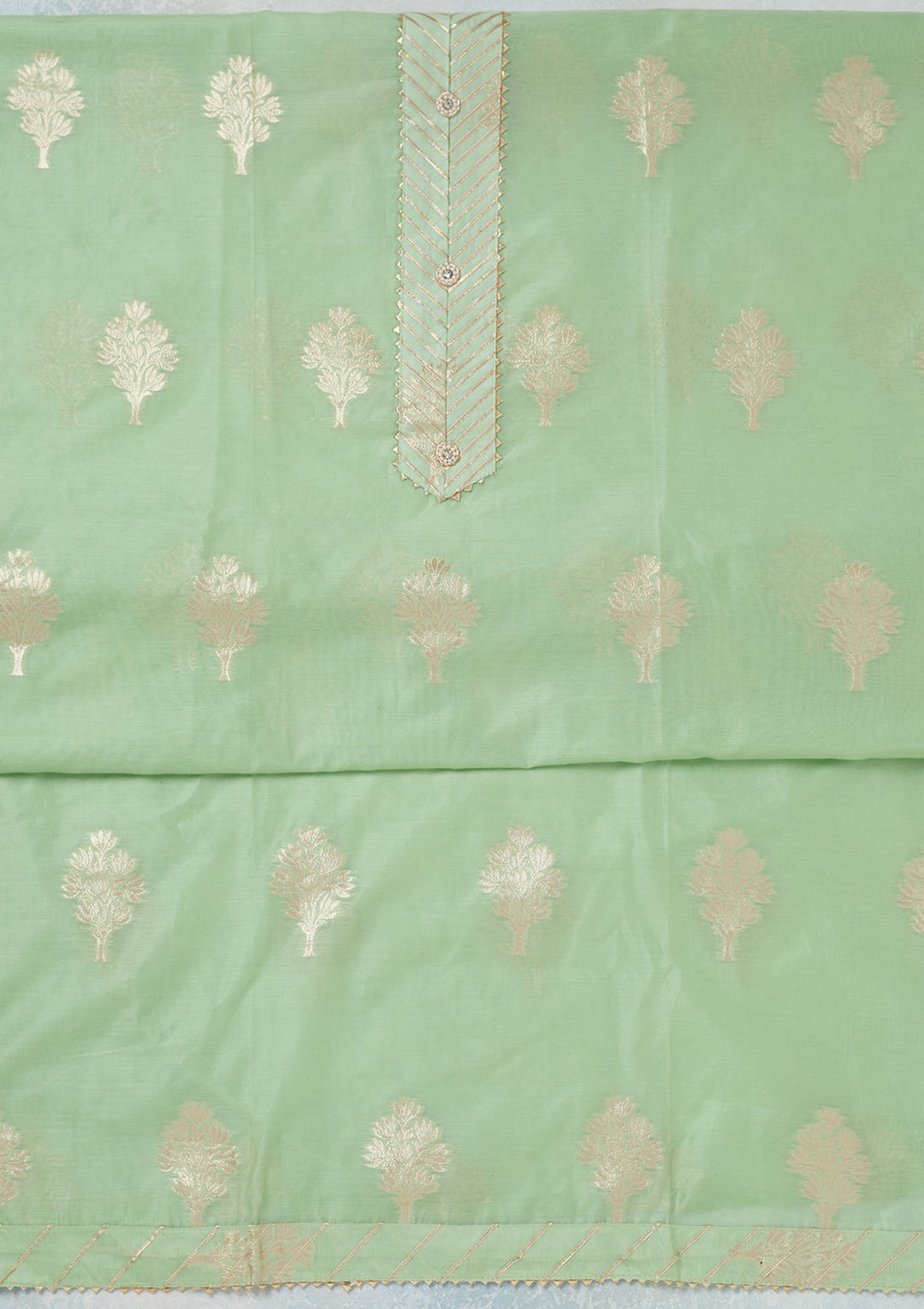 Pista Green Chanderi Gold Zariwork Unstitched Dress Material With Matching Bottom And Dupatta