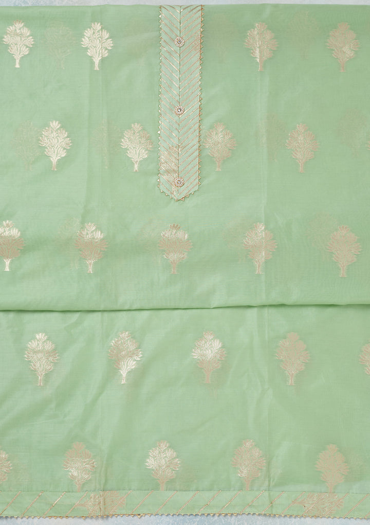 Pista Green Chanderi Gold Zariwork Unstitched Dress Material With Matching Bottom And Dupatta