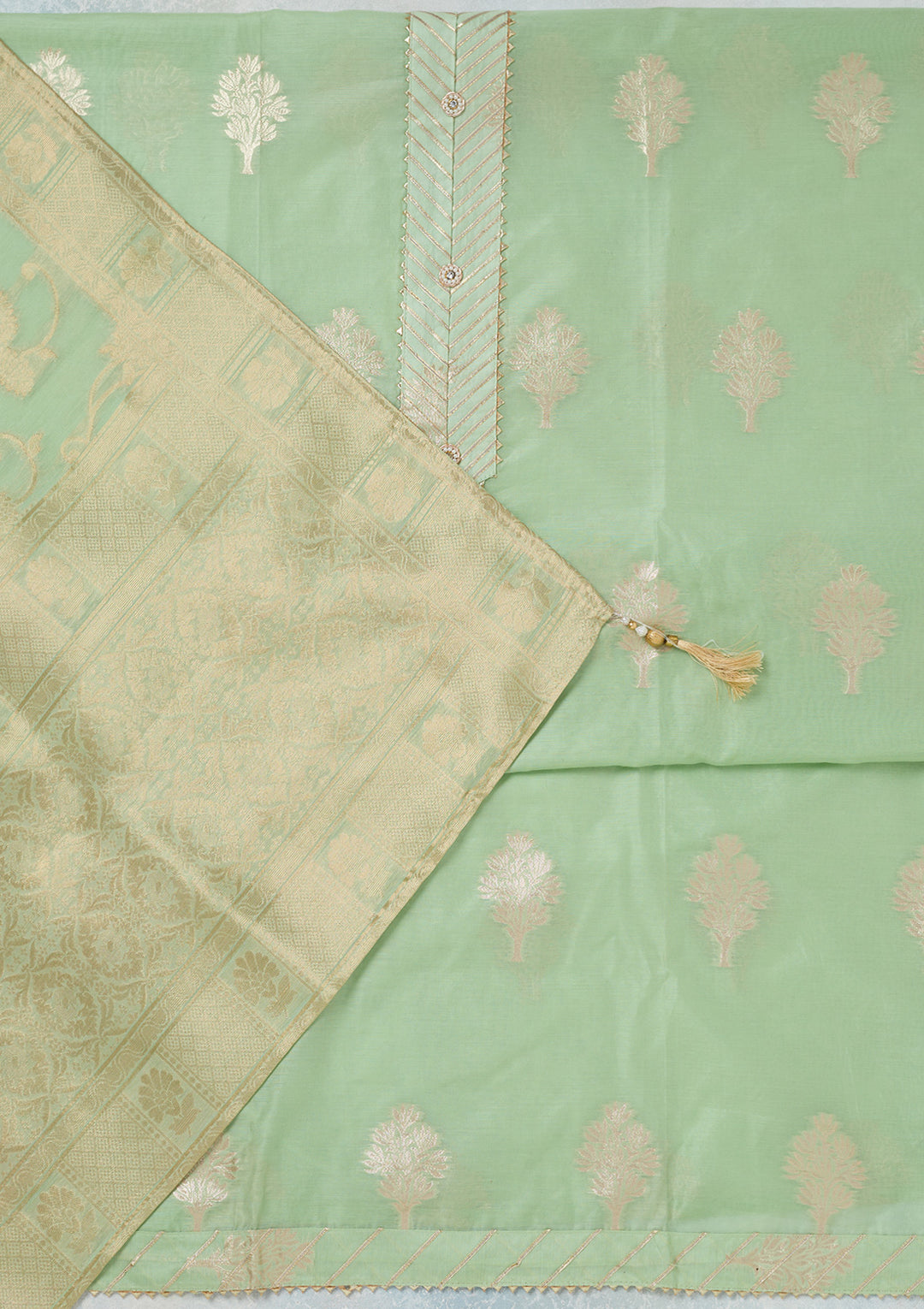 Pista Green Chanderi Gold Zariwork Unstitched Dress Material With Matching Bottom And Dupatta