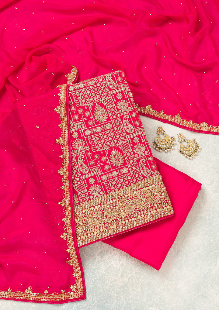 Rani Pink Georgette Gold Zariwork Unstitched Dress Material With Matching Bottom And Dupatta