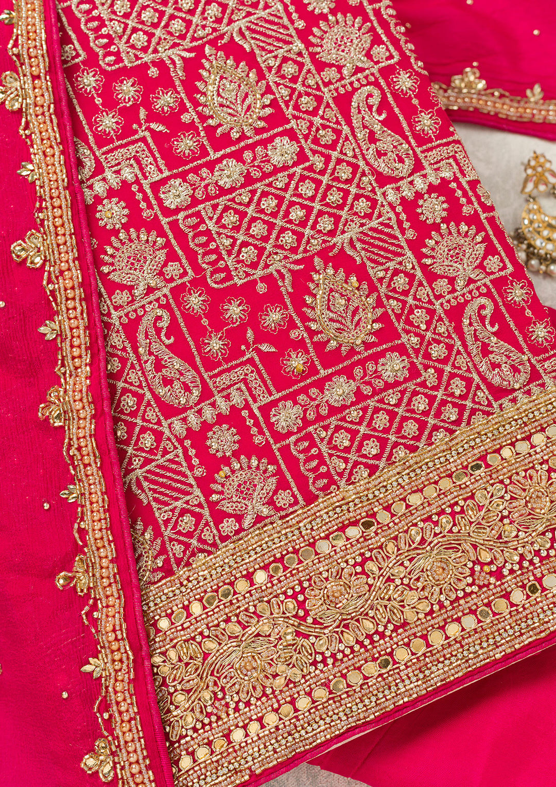 Rani Pink Georgette Gold Zariwork Unstitched Dress Material With Matching Bottom And Dupatta