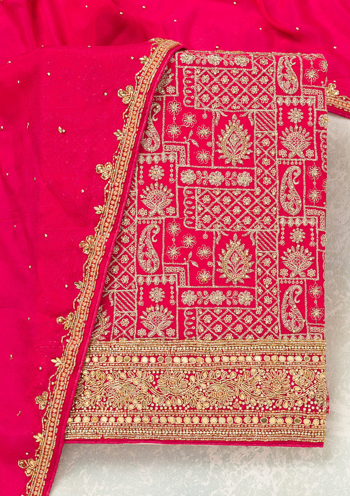 Rani Pink Georgette Gold Zariwork Unstitched Dress Material With Matching Bottom And Dupatta