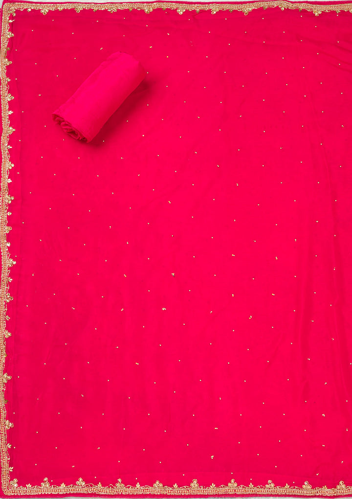 Rani Pink Georgette Gold Zariwork Unstitched Dress Material With Matching Bottom And Dupatta