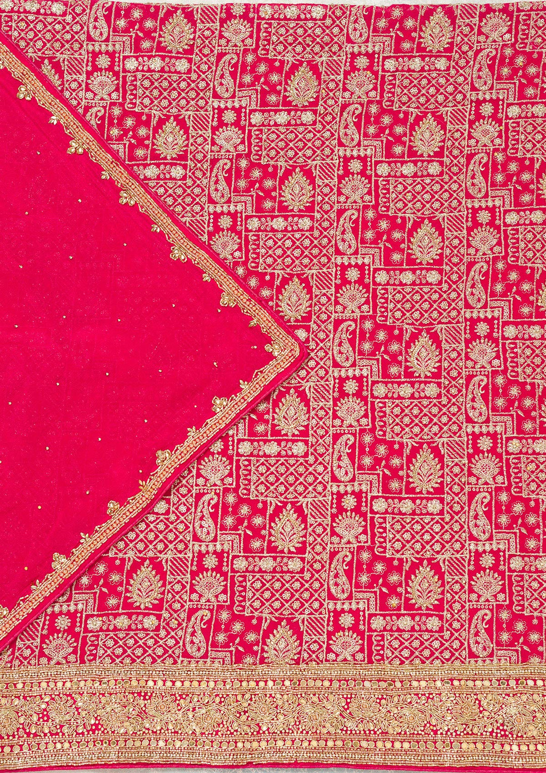Rani Pink Georgette Gold Zariwork Unstitched Dress Material With Matching Bottom And Dupatta