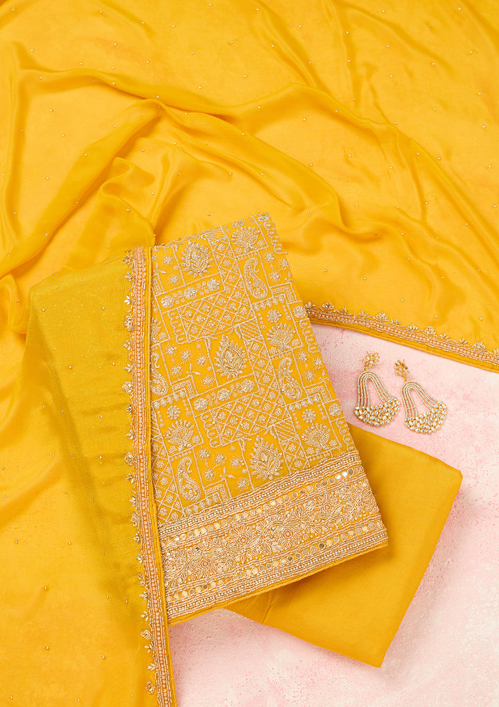 Yellow Zariwork (Gold) Georgette Unstitched Salwar Suit