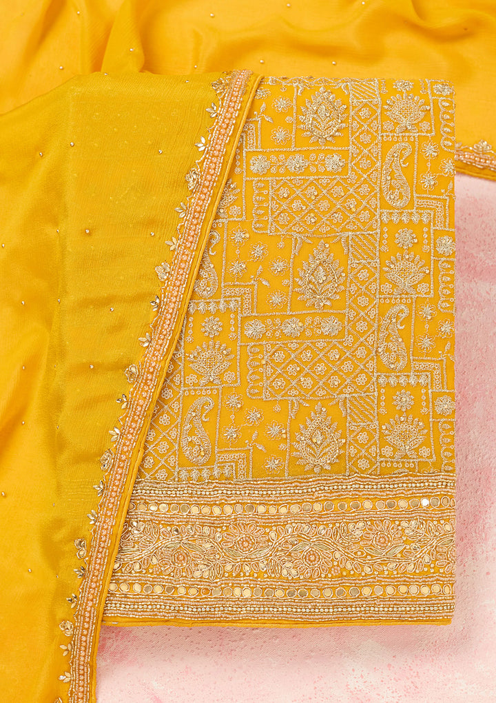 Yellow Zariwork (Gold) Georgette Unstitched Salwar Suit