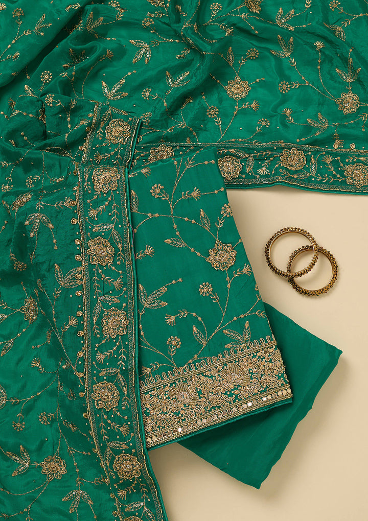 Rama Green Zariwork (Gold) Semi Crepe Unstitched Salwar Suit