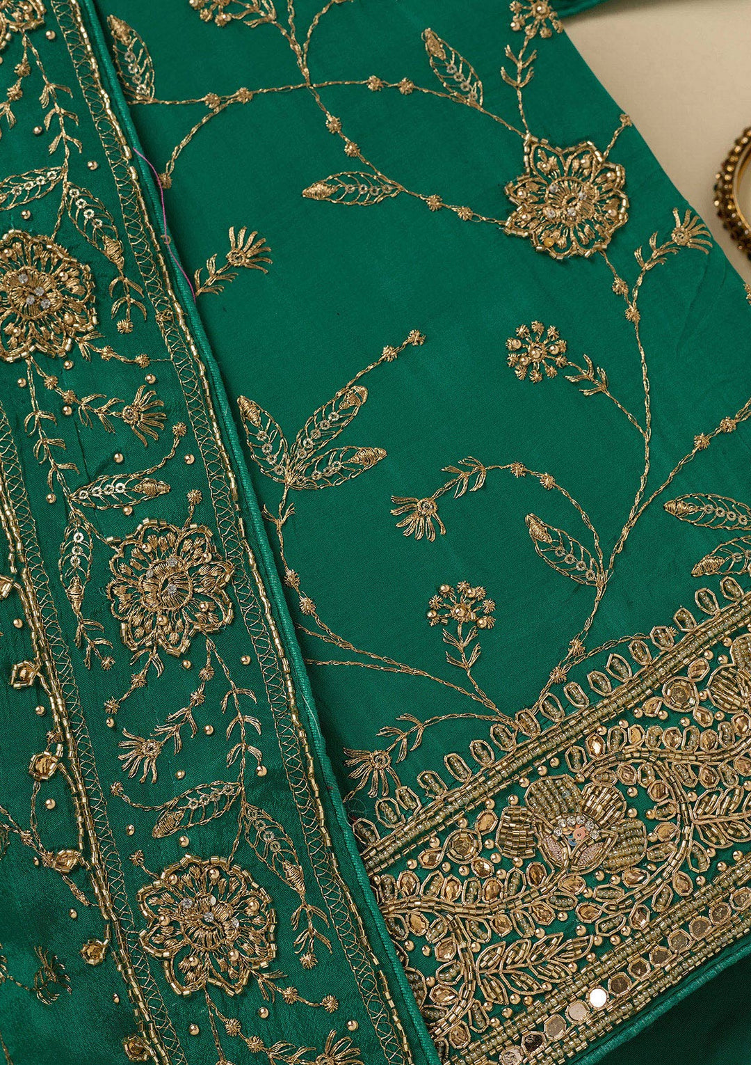 Rama Green Zariwork (Gold) Semi Crepe Unstitched Salwar Suit