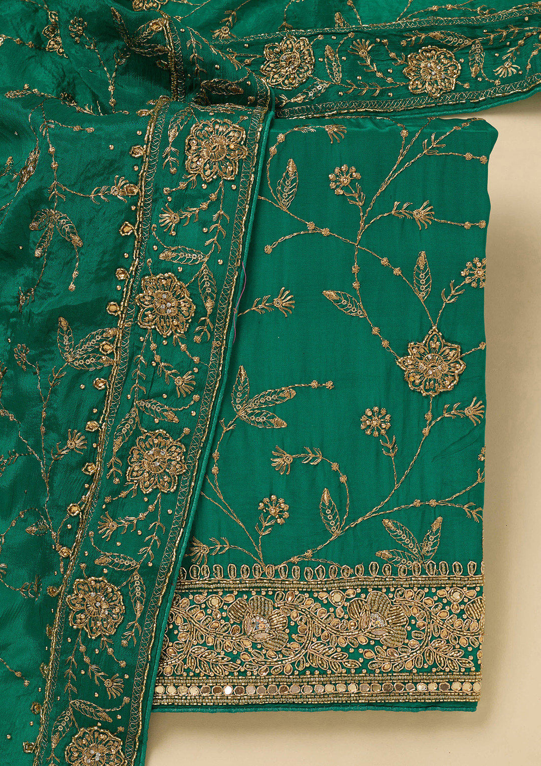 Rama Green Zariwork (Gold) Semi Crepe Unstitched Salwar Suit
