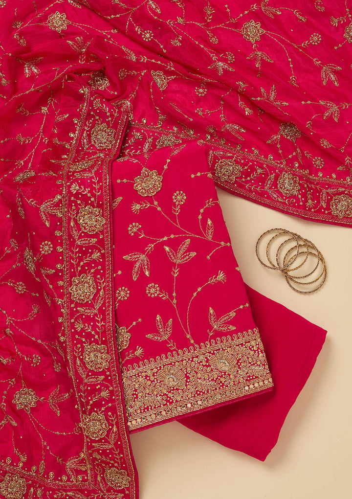 Rani Pink Zariwork (Gold) Semi Crepe Unstitched Salwar Suit