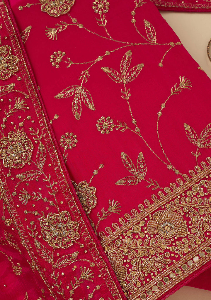 Rani Pink Zariwork (Gold) Semi Crepe Unstitched Salwar Suit