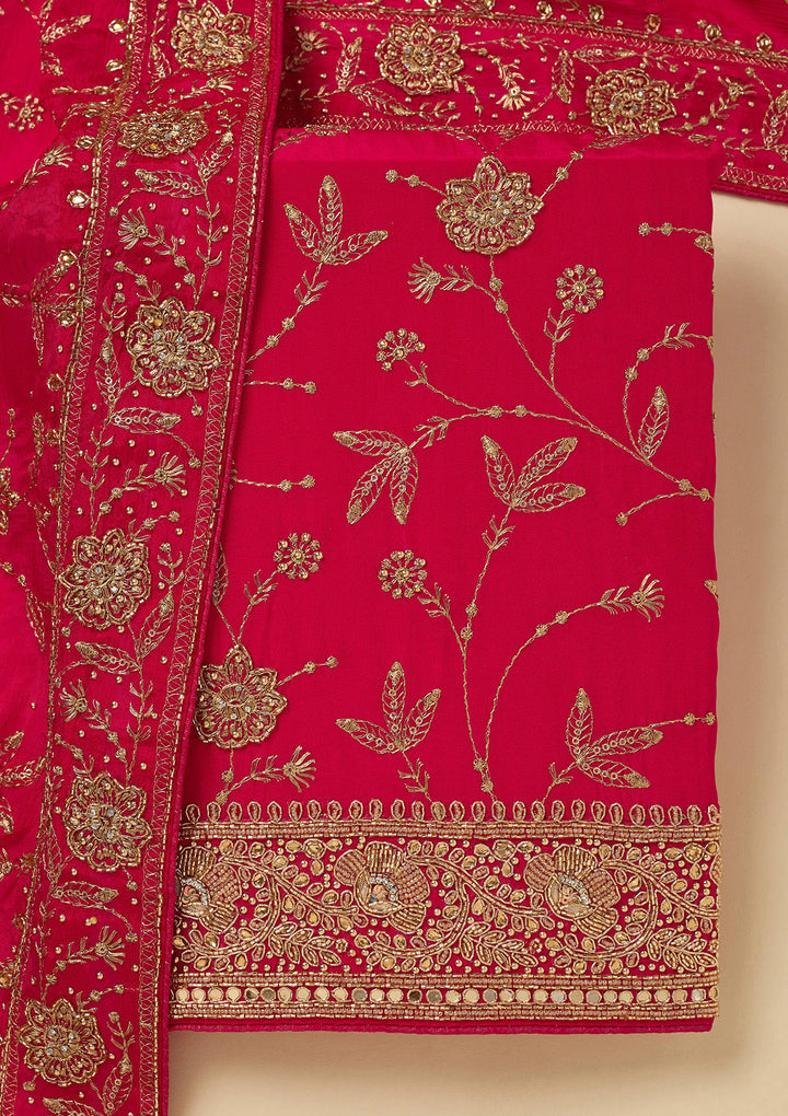 Rani Pink Zariwork (Gold) Semi Crepe Unstitched Salwar Suit