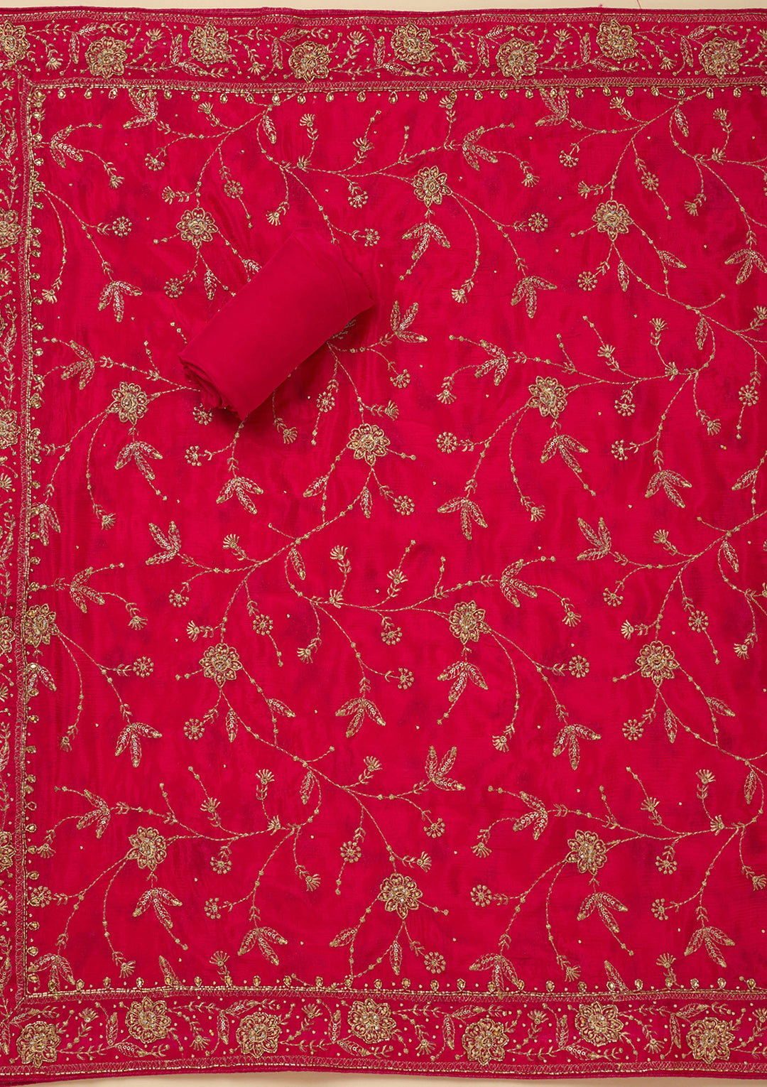 Rani Pink Zariwork (Gold) Semi Crepe Unstitched Salwar Suit