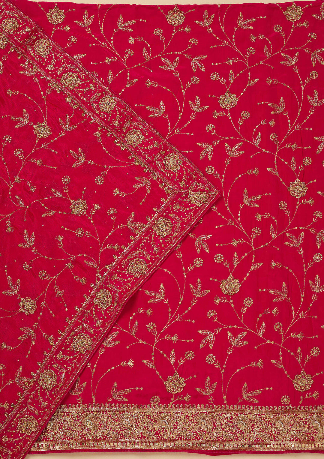 Rani Pink Zariwork (Gold) Semi Crepe Unstitched Salwar Suit