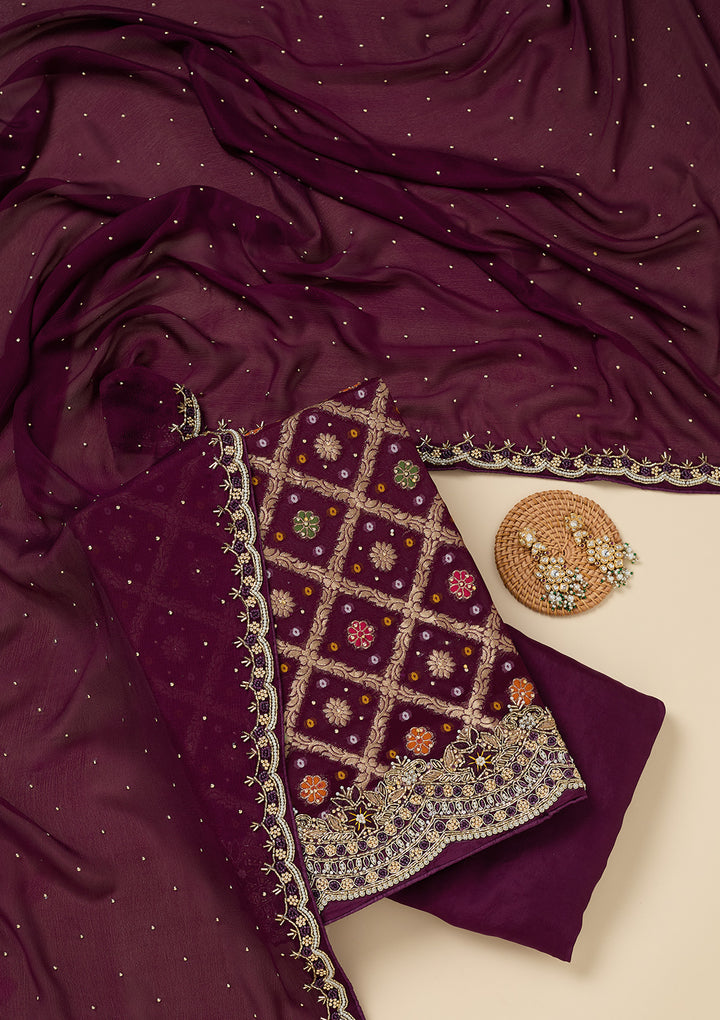 Purple Georgette Silver Stonework Unstitched Dress Material With Matching Bottom And Dupatta
