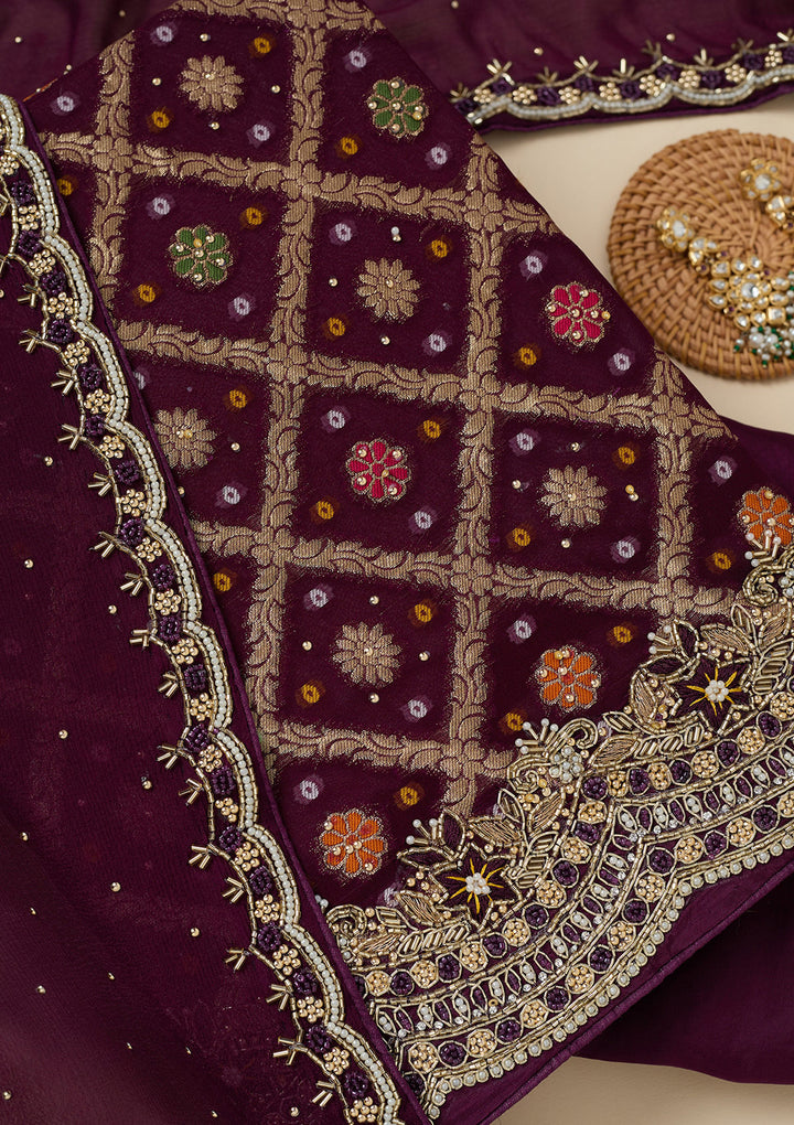 Purple Georgette Silver Stonework Unstitched Dress Material With Matching Bottom And Dupatta