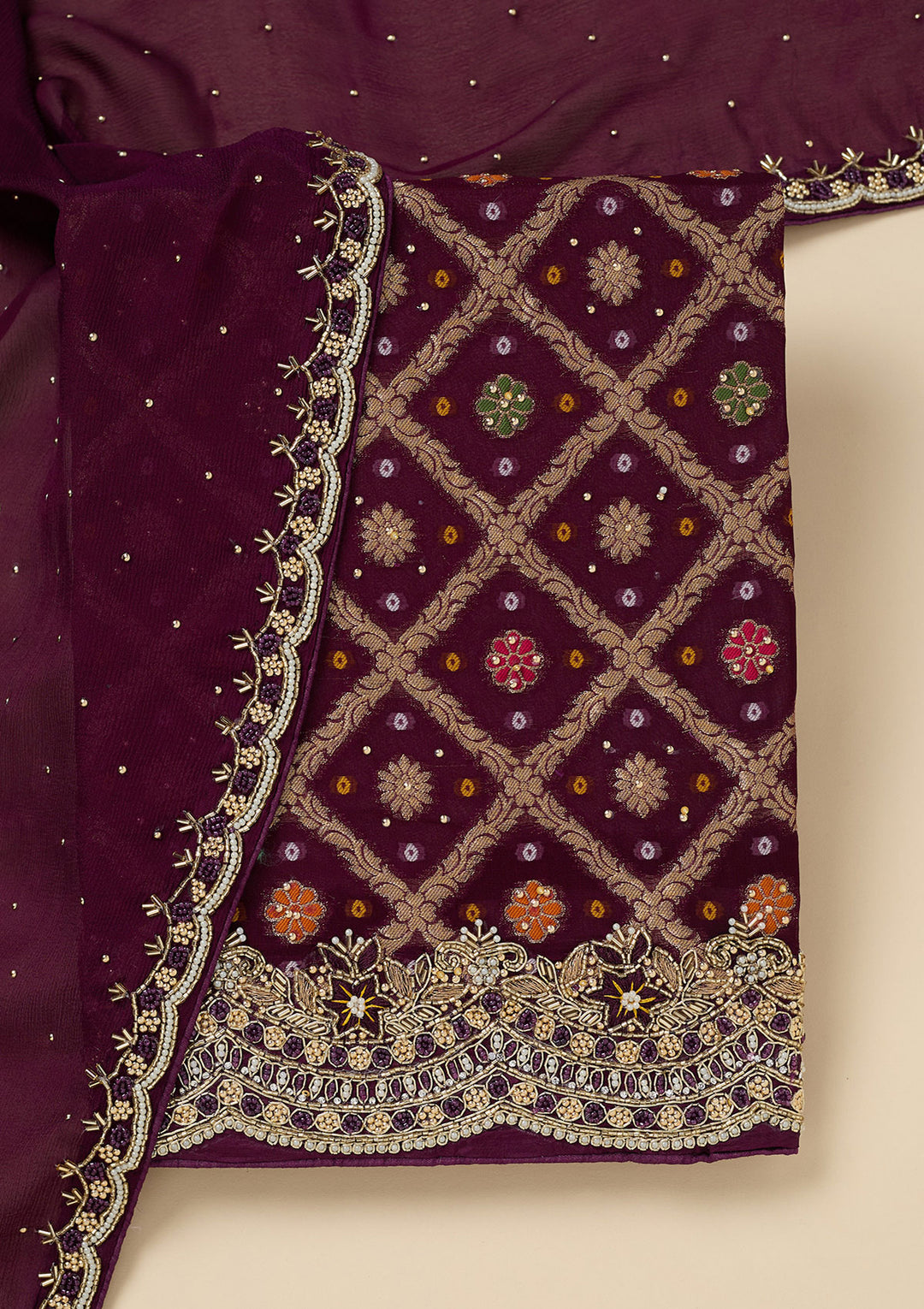 Purple Georgette Silver Stonework Unstitched Dress Material With Matching Bottom And Dupatta