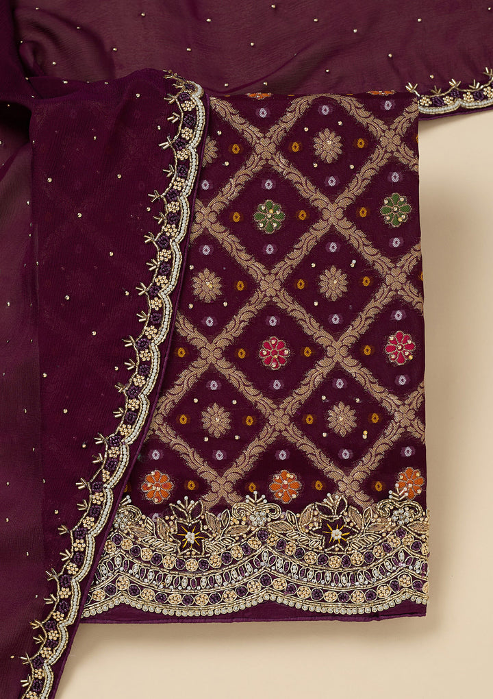 Purple Georgette Silver Stonework Unstitched Dress Material With Matching Bottom And Dupatta