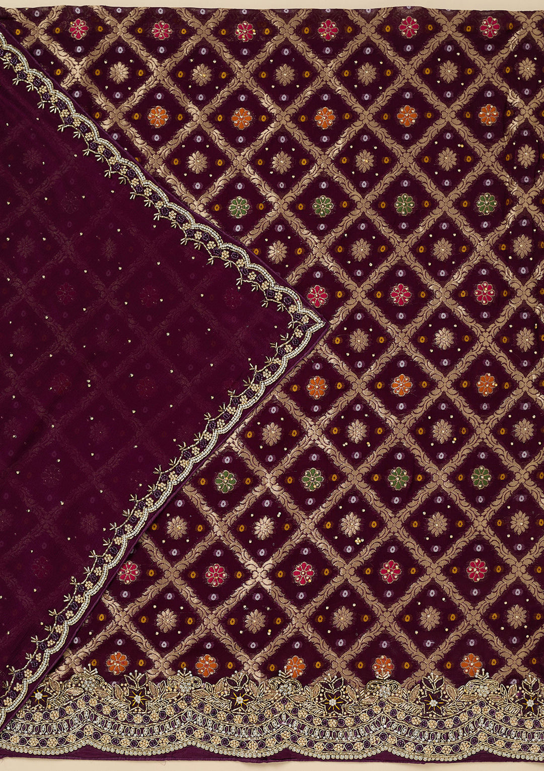 Purple Georgette Silver Stonework Unstitched Dress Material With Matching Bottom And Dupatta