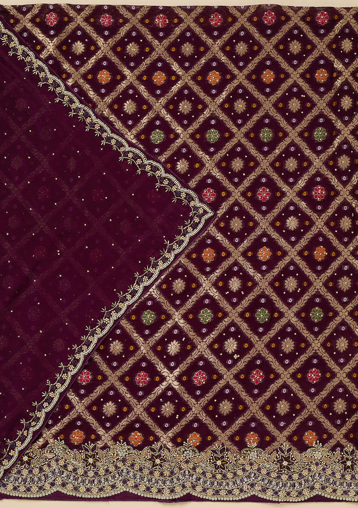 Purple Georgette Silver Stonework Unstitched Dress Material With Matching Bottom And Dupatta