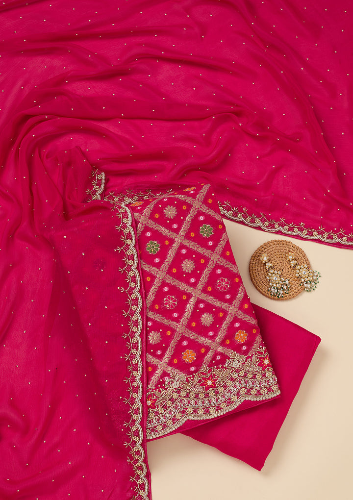 Rani Pink Georgette Silver Stonework Unstitched Dress Material With Matching Bottom And Dupatta