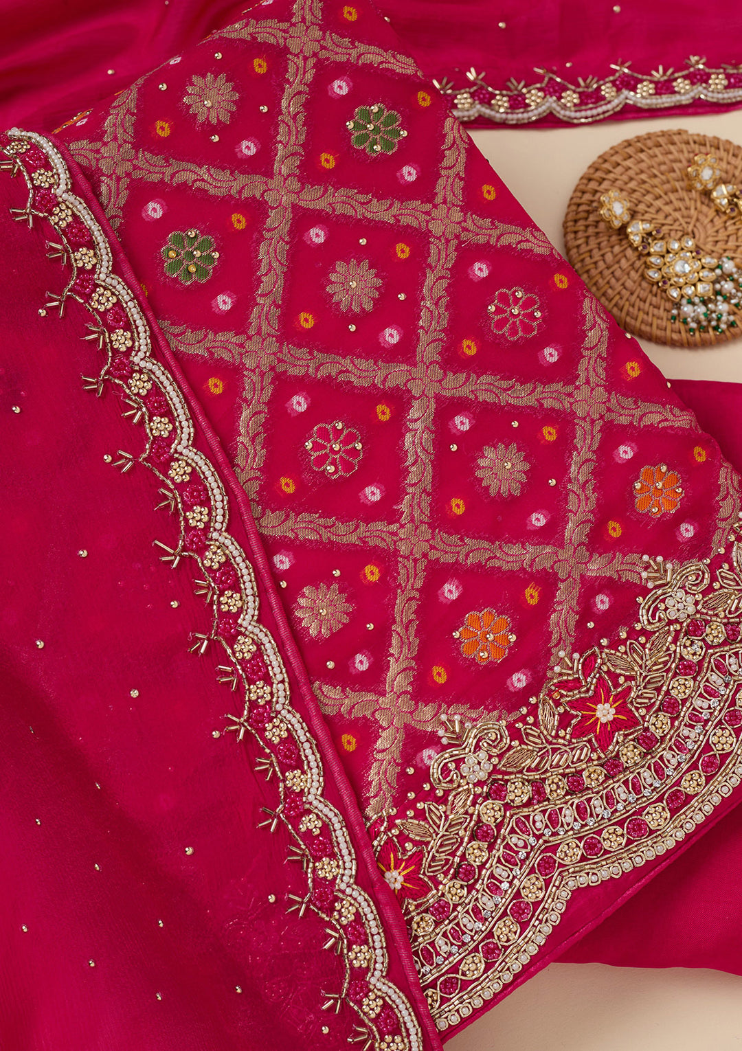 Rani Pink Georgette Silver Stonework Unstitched Dress Material With Matching Bottom And Dupatta