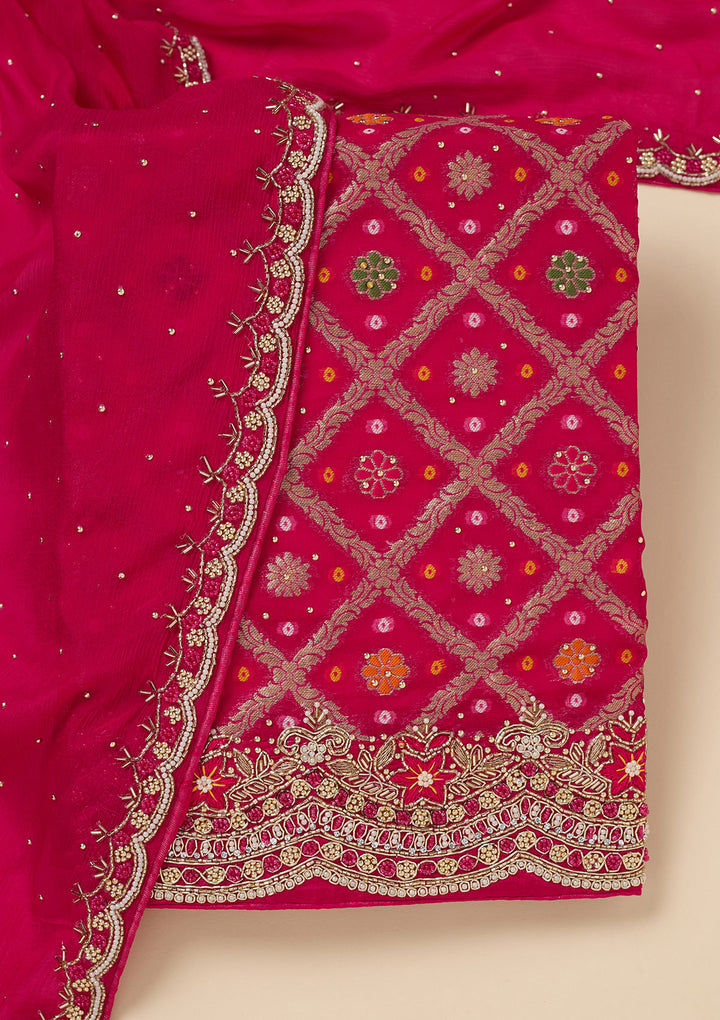 Rani Pink Georgette Silver Stonework Unstitched Dress Material With Matching Bottom And Dupatta